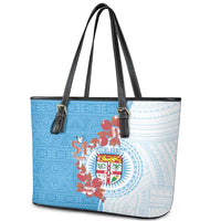 Personalised Fiji Day Leather Tote Bag Fijian Tapa Pattern Mix Tagimoucia - Blue Version