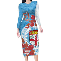 Personalised Fiji Day Long Sleeve Bodycon Dress Fijian Tapa Pattern Mix Tagimoucia - Blue Version
