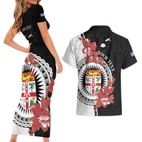 Personalised Fiji Day Couples Matching Short Sleeve Bodycon Dress and Hawaiian Shirt Fijian Tapa Pattern Mix Tagimoucia - Black Version LT14 - Polynesian Pride