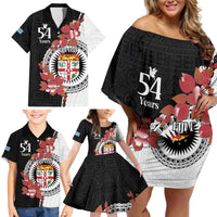 Personalised Fiji Day Family Matching Off Shoulder Short Dress and Hawaiian Shirt Fijian Tapa Pattern Mix Tagimoucia - Black Version LT14 - Polynesian Pride
