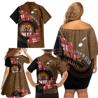 Personalised Fiji Day Family Matching Off Shoulder Short Dress and Hawaiian Shirt Fijian Tapa Pattern Mix Tagimoucia - Brown Version LT14 - Polynesian Pride