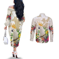 New Zealand Cacatua Galerita Couples Matching Off The Shoulder Long Sleeve Dress and Long Sleeve Button Shirt Aotearoa Cockatoo Tropical Flowers LT14 - Polynesian Pride