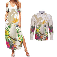 New Zealand Cacatua Galerita Couples Matching Summer Maxi Dress and Long Sleeve Button Shirt Aotearoa Cockatoo Tropical Flowers LT14 Beige - Polynesian Pride