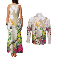 New Zealand Cacatua Galerita Couples Matching Tank Maxi Dress and Long Sleeve Button Shirt Aotearoa Cockatoo Tropical Flowers LT14 - Polynesian Pride