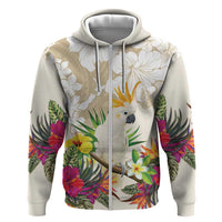 New Zealand Cacatua Galerita Hoodie Aotearoa Cockatoo Tropical Flowers LT14 Zip Hoodie Beige - Polynesian Pride