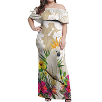 New Zealand Cacatua Galerita Off Shoulder Maxi Dress Aotearoa Cockatoo Tropical Flowers LT14 Women Beige - Polynesian Pride