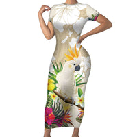 New Zealand Cacatua Galerita Short Sleeve Bodycon Dress Aotearoa Cockatoo Tropical Flowers LT14 Long Dress Beige - Polynesian Pride