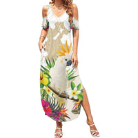 New Zealand Cacatua Galerita Summer Maxi Dress Aotearoa Cockatoo Tropical Flowers LT14 Women Beige - Polynesian Pride