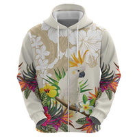 New Zealand Cacatua Galerita Zip Hoodie Aotearoa Cockatoo Tropical Flowers LT14 - Polynesian Pride