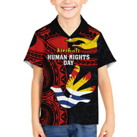 Personalised Kiribati Human Rights Day Family Matching Off Shoulder Long Sleeve Dress and Hawaiian Shirt Coat Of Arms With Polynesian Tropical Flowers LT14 Son's Shirt Black - Polynesian Pride