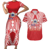 Toa Samoa Rugby Custom Couples Matching Short Sleeve Bodycon Dress and Hawaiian Shirt Samoa mo Samoa Polynesian Pacific Red - Polynesian Pride