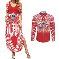 Toa Samoa Rugby Custom Couples Matching Summer Maxi Dress and Long Sleeve Button Shirt Samoa mo Samoa Polynesian Pacific Red - Polynesian Pride