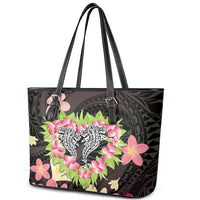 Polynesia Valentine's Day Leather Tote Bag Hammerhead Shark Plumeria With Polynesian Pattern