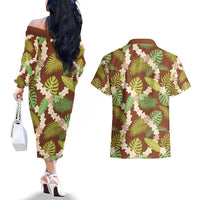 Brown Hawaii Plumeria Lei With Tropical Leaves Couples Matching Off The Shoulder Long Sleeve Dress and Hawaiian Shirt LT14 - Polynesian Pride