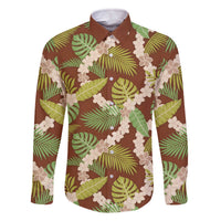 Brown Hawaii Plumeria Lei With Tropical Leaves Family Matching Off The Shoulder Long Sleeve Dress and Hawaiian Shirt LT14 Dad's Shirt - Long Sleeve Brown - Polynesian Pride