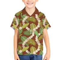 Brown Hawaii Plumeria Lei With Tropical Leaves Family Matching Off The Shoulder Long Sleeve Dress and Hawaiian Shirt LT14 Son's Shirt Brown - Polynesian Pride