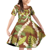 Brown Hawaii Plumeria Lei With Tropical Leaves Family Matching Off Shoulder Short Dress and Hawaiian Shirt LT14 Daughter's Dress Brown - Polynesian Pride