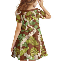 Brown Hawaii Plumeria Lei With Tropical Leaves Family Matching Short Sleeve Bodycon Dress and Hawaiian Shirt