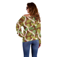 Brown Hawaii Plumeria Lei With Tropical Leaves Off Shoulder Sweater
