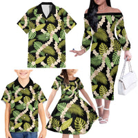 Black Hawaii Plumeria Lei With Tropical Leaves Family Matching Off The Shoulder Long Sleeve Dress and Hawaiian Shirt LT14 - Polynesian Pride