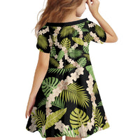 Black Hawaii Plumeria Lei With Tropical Leaves Family Matching Short Sleeve Bodycon Dress and Hawaiian Shirt