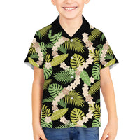 Black Hawaii Plumeria Lei With Tropical Leaves Family Matching Summer Maxi Dress and Hawaiian Shirt LT14 Son's Shirt Black - Polynesian Pride