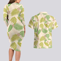 Beige Hawaii Plumeria Lei With Tropical Leaves Couples Matching Long Sleeve Bodycon Dress and Hawaiian Shirt LT14 - Polynesian Pride