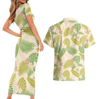 Beige Hawaii Plumeria Lei With Tropical Leaves Couples Matching Short Sleeve Bodycon Dress and Hawaiian Shirt LT14 - Polynesian Pride