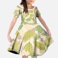 Beige Hawaii Plumeria Lei With Tropical Leaves Family Matching Off The Shoulder Long Sleeve Dress and Hawaiian Shirt LT14 Daughter's Dress Beige - Polynesian Pride