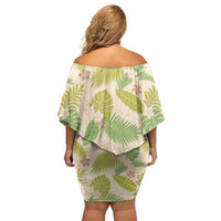 Beige Hawaii Plumeria Lei With Tropical Leaves Family Matching Off Shoulder Short Dress and Hawaiian Shirt LT14 - Polynesian Pride