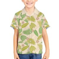Beige Hawaii Plumeria Lei With Tropical Leaves Family Matching Short Sleeve Bodycon Dress and Hawaiian Shirt