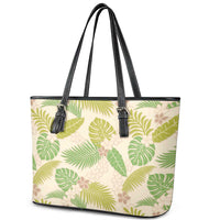 Beige Hawaii Plumeria Lei With Tropical Leaves Leather Tote Bag