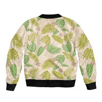 Beige Hawaii Plumeria Lei With Tropical Leaves Sleeve Zip Bomber Jacket