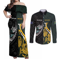 New Zealand and South Africa Rugby Custom Couples Matching Off Shoulder Maxi Dress and Long Sleeve Button Shirt Silver Fern With Springboks LT15 Black - Polynesian Pride