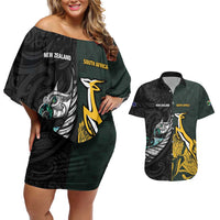 New Zealand and South Africa Rugby Custom Couples Matching Off Shoulder Short Dress and Hawaiian Shirt Silver Fern With Springboks LT15 Black - Polynesian Pride