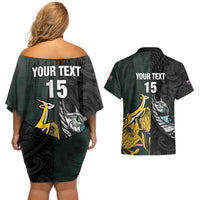 New Zealand and South Africa Rugby Custom Couples Matching Off Shoulder Short Dress and Hawaiian Shirt Silver Fern With Springboks LT15 - Polynesian Pride
