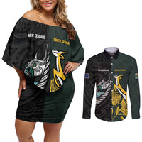 New Zealand and South Africa Rugby Custom Couples Matching Off Shoulder Short Dress and Long Sleeve Button Shirt Silver Fern With Springboks LT15 Black - Polynesian Pride