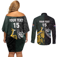 New Zealand and South Africa Rugby Custom Couples Matching Off Shoulder Short Dress and Long Sleeve Button Shirt Silver Fern With Springboks LT15 - Polynesian Pride