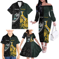 New Zealand and South Africa Rugby Custom Family Matching Off The Shoulder Long Sleeve Dress and Hawaiian Shirt Silver Fern With Springboks LT15 - Polynesian Pride
