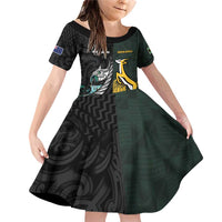 New Zealand and South Africa Rugby Custom Family Matching Off Shoulder Short Dress and Hawaiian Shirt Silver Fern With Springboks LT15 Daughter's Dress Black - Polynesian Pride