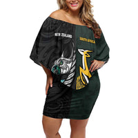 New Zealand and South Africa Rugby Custom Family Matching Off Shoulder Short Dress and Hawaiian Shirt Silver Fern With Springboks LT15 Mom's Dress Black - Polynesian Pride
