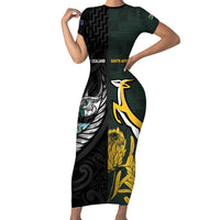 New Zealand and South Africa Rugby Custom Family Matching Short Sleeve Bodycon Dress and Hawaiian Shirt Silver Fern With Springboks LT15 Mom's Dress Black - Polynesian Pride