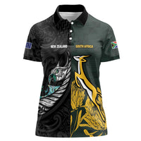 New Zealand and South Africa Rugby Custom Women Polo Shirt Silver Fern With Springboks LT15 Female Black - Polynesian Pride
