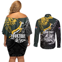 New Zealand and South Africa Rugby Personalised Couples Matching Off Shoulder Short Dress and Long Sleeve Button Shirt Maori Kiwi With Springboks LT15 - Polynesian Pride