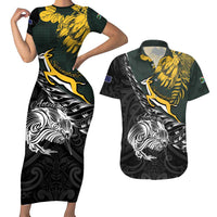 New Zealand and South Africa Rugby Personalised Couples Matching Short Sleeve Bodycon Dress and Hawaiian Shirt Maori Kiwi With Springboks LT15 Black - Polynesian Pride