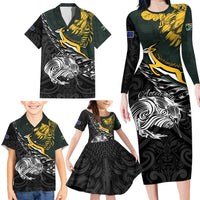 New Zealand and South Africa Rugby Personalised Family Matching Long Sleeve Bodycon Dress and Hawaiian Shirt Maori Kiwi With Springboks LT15 - Polynesian Pride