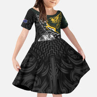 New Zealand and South Africa Rugby Personalised Family Matching Off The Shoulder Long Sleeve Dress and Hawaiian Shirt Maori Kiwi With Springboks LT15 Daughter's Dress Black - Polynesian Pride