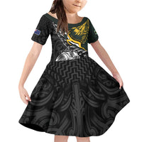 New Zealand and South Africa Rugby Personalised Family Matching Off Shoulder Short Dress and Hawaiian Shirt Maori Kiwi With Springboks LT15 Daughter's Dress Black - Polynesian Pride