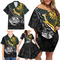 New Zealand and South Africa Rugby Personalised Family Matching Off Shoulder Short Dress and Hawaiian Shirt Maori Kiwi With Springboks LT15 - Polynesian Pride