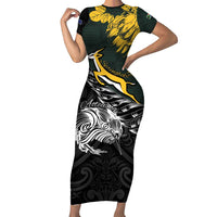 New Zealand and South Africa Rugby Personalised Short Sleeve Bodycon Dress Maori Kiwi With Springboks LT15 Long Dress Black - Polynesian Pride